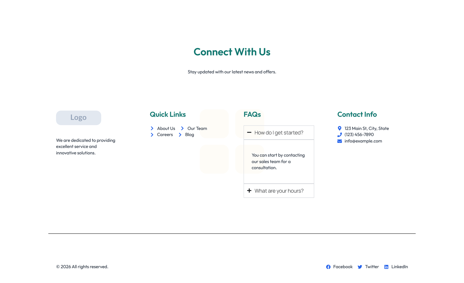 Screenshot of Footer with 4-column: Logo, Links, Links, Contact, Social 24 - Elementor Footers component
