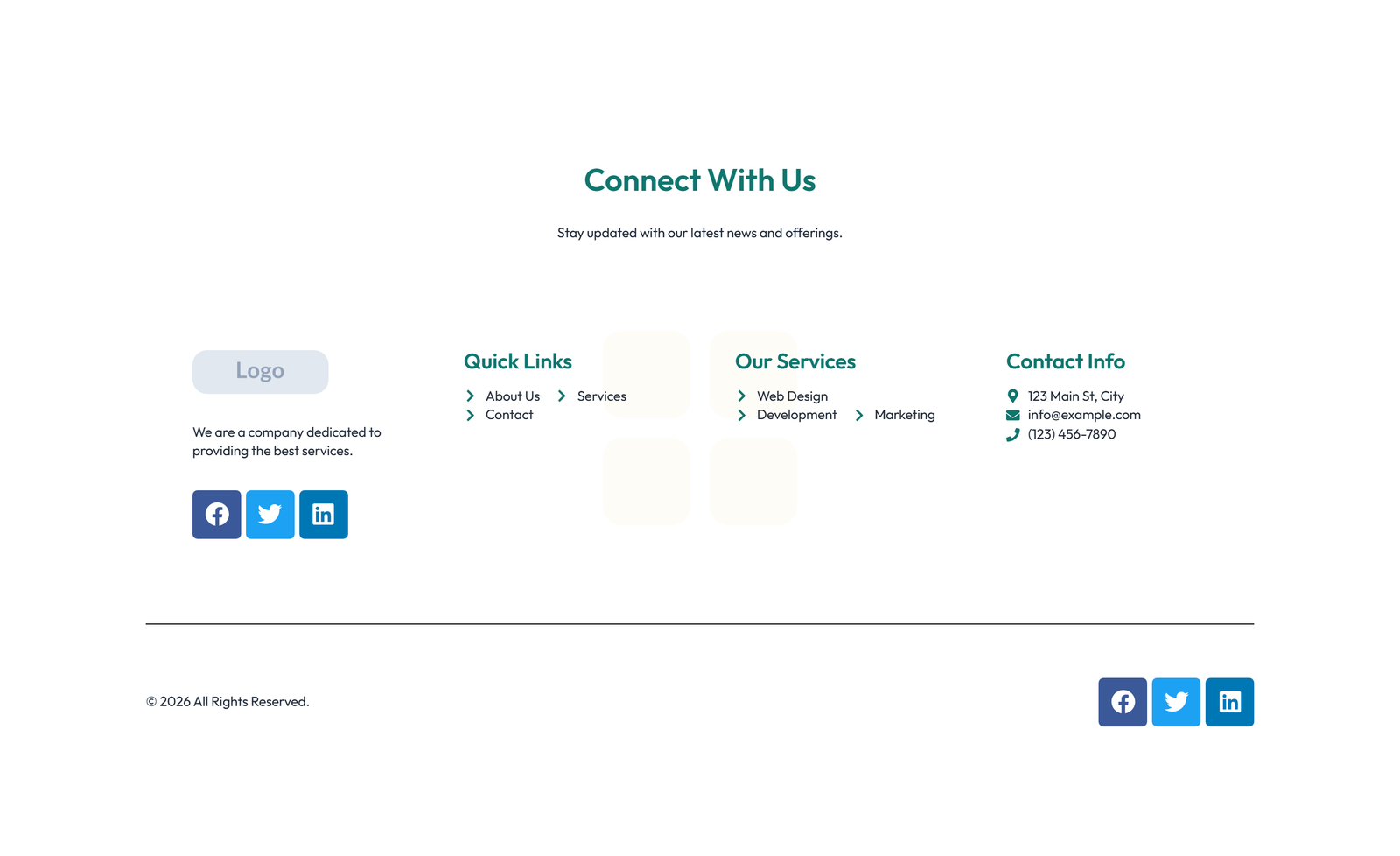 Screenshot of Footer with 4-column: Logo, Links, Links, Contact, Social 25 - Elementor Footers component