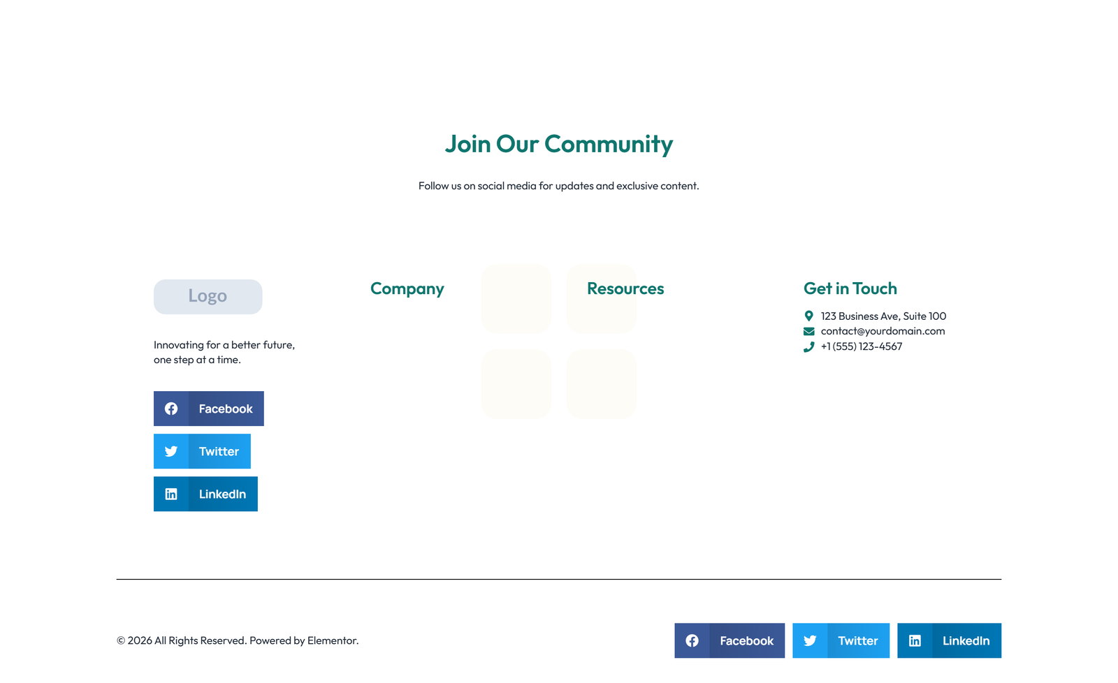 Footer with 3-column: Logo, Links, Contact, Social 25 - Elementor component