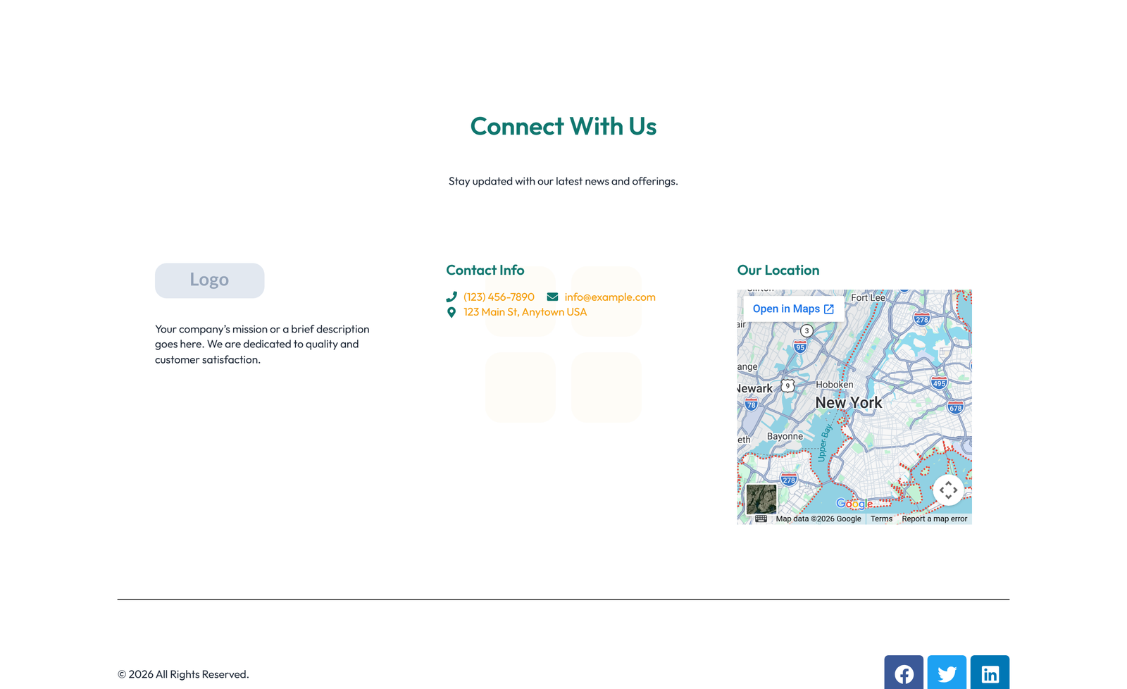 Footer with 4-column: Logo, Links, Links, Contact, Social 28 - Elementor component