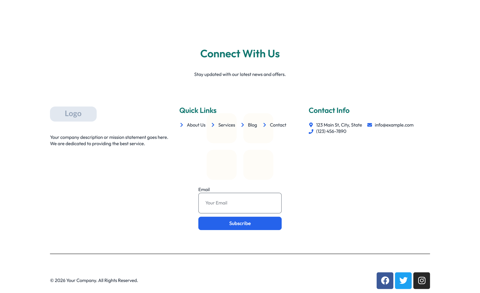 Footer with 3-column: Logo, Links, Contact, Social 32 - Elementor component