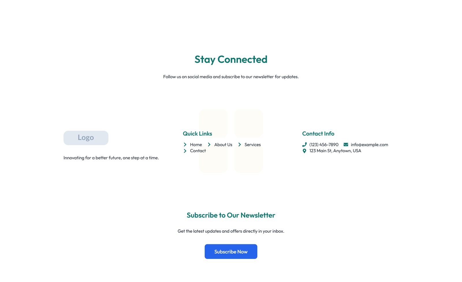 Screenshot of Footer with 4-column: Logo, Links, Links, Contact, Social 33 - Elementor Footers component