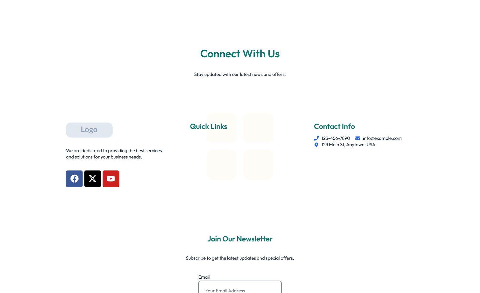 Screenshot of Footer with 3-column: Logo, Links, Contact, Social 33 - Elementor Footers component