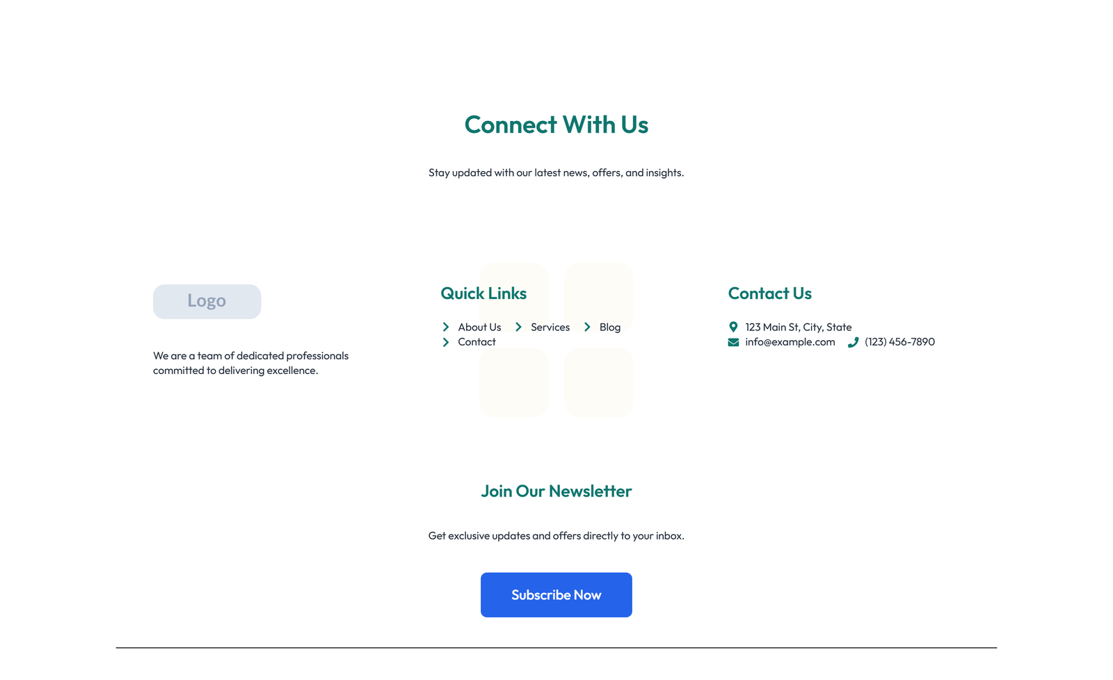 Screenshot of Footer with 3-column: Logo, Links, Contact, Social 34 - Elementor Footers component