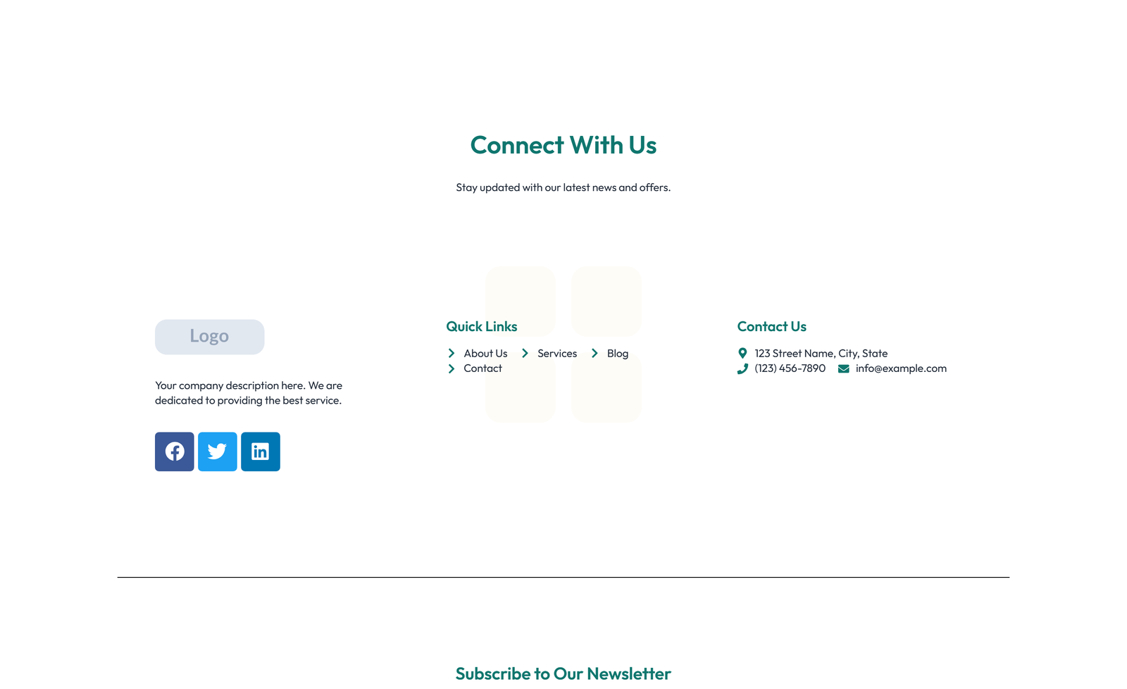 Screenshot of Footer with 4-column: Logo, Links, Links, Contact, Social 35 - Elementor Footers component