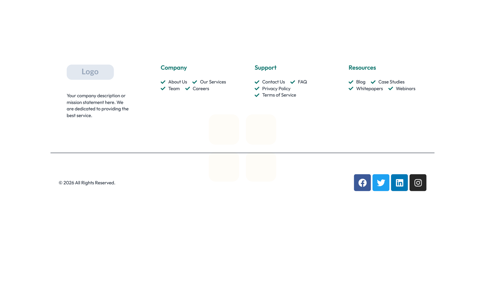 Screenshot of Footer with 4-column: Logo, Links, Links, Contact, Social 37 - Elementor Footers component