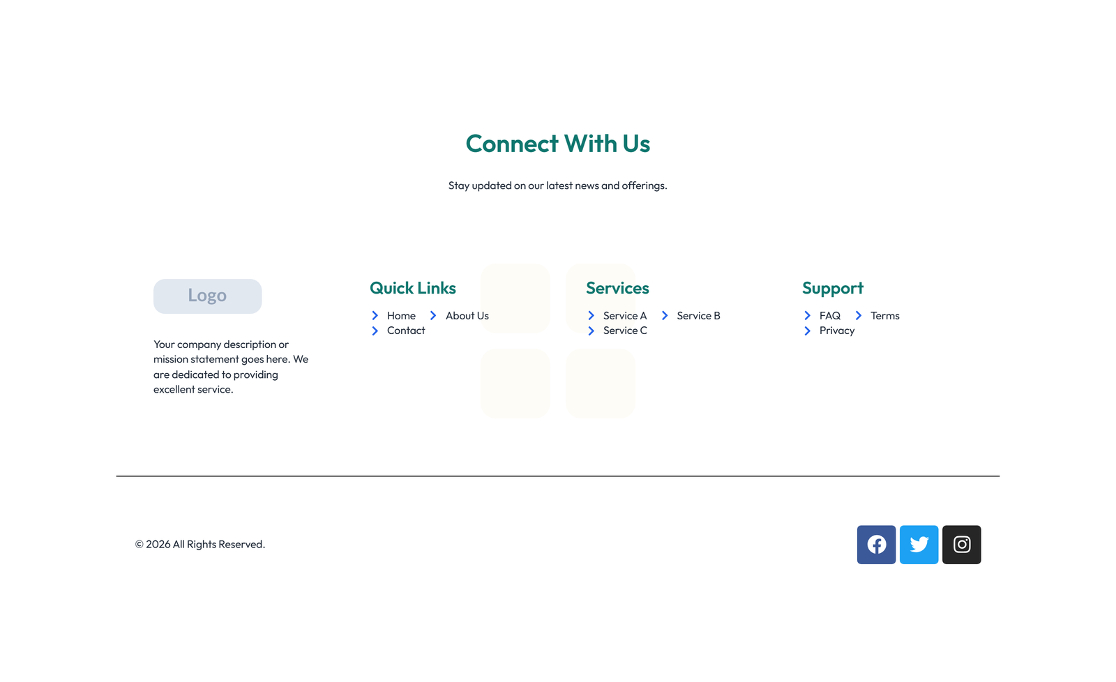 Screenshot of Footer with 3-column: Logo, Links, Contact, Social 37 - Elementor Footers component