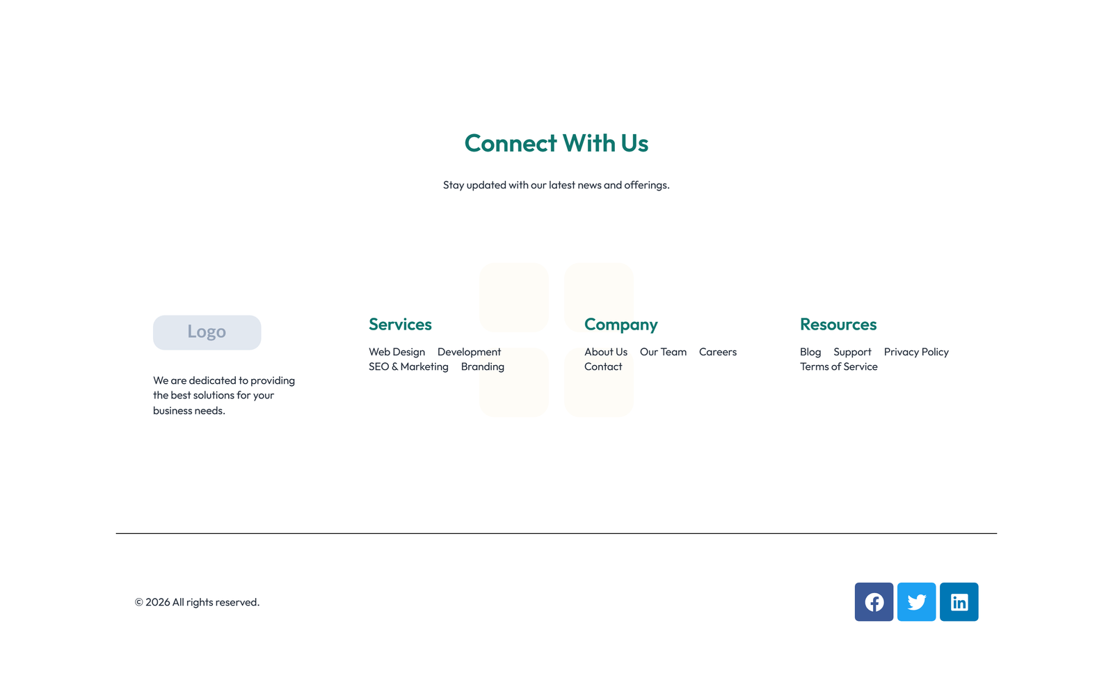 Screenshot of Footer with 3-column: Logo, Links, Contact, Social 38 - Elementor Footers component