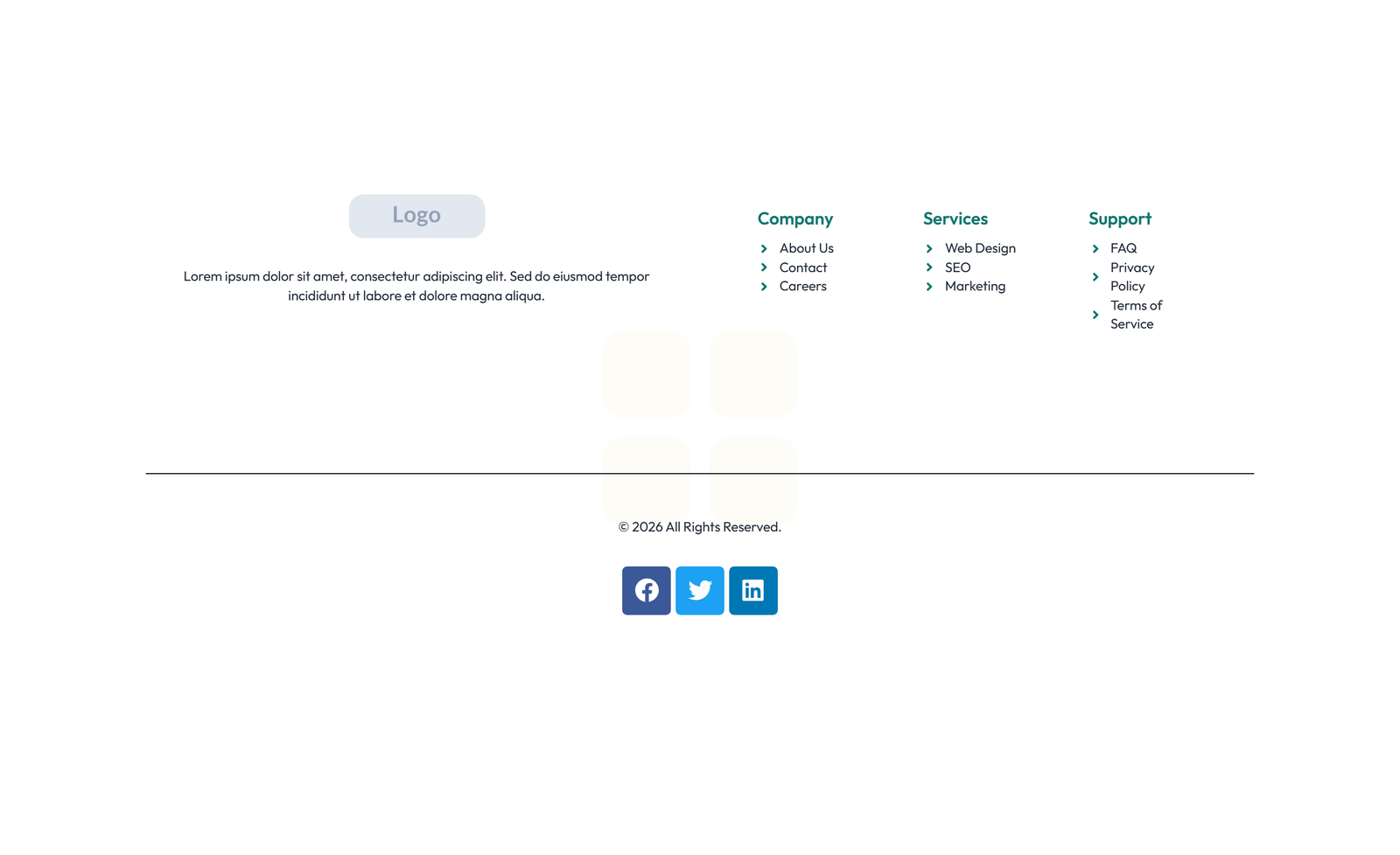 Screenshot of Footer with 4-column: Logo, Links, Links, Contact, Social 39 - Elementor Footers component