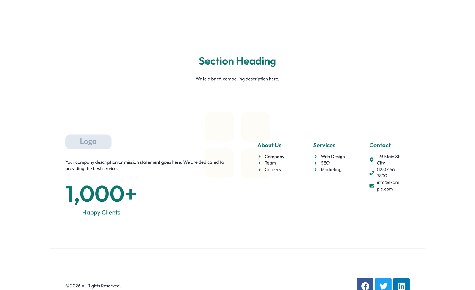 Screenshot of Footer with 3-column: Logo, Links, Contact, Social 39 - Elementor Footers component
