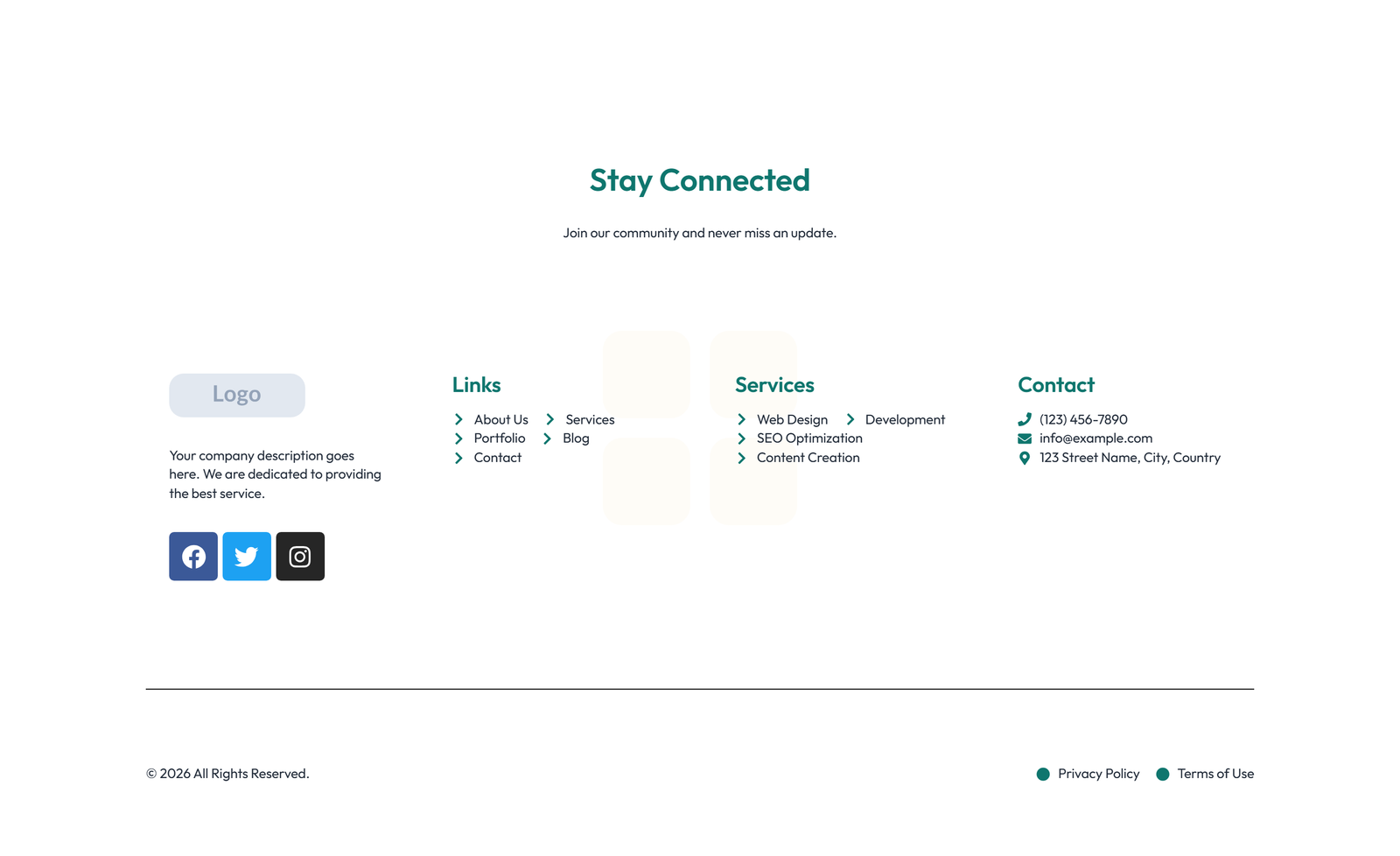 Screenshot of Footer with 4-column: Logo, Links, Links, Contact, Social 40 - Elementor Footers component