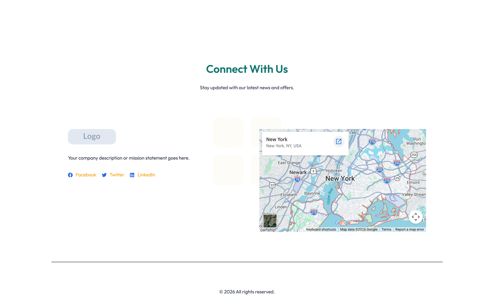 Footer with 4-column: Logo, Links, Links, Contact, Social 43 - Elementor component