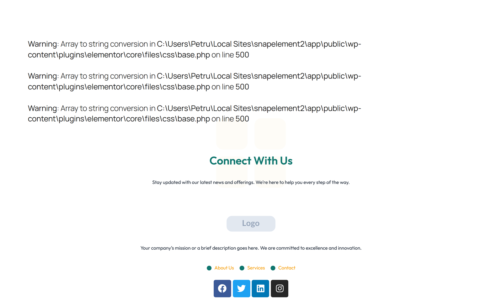 Footer with 4-column: Logo, Links, Links, Contact, Social 45 - Elementor component