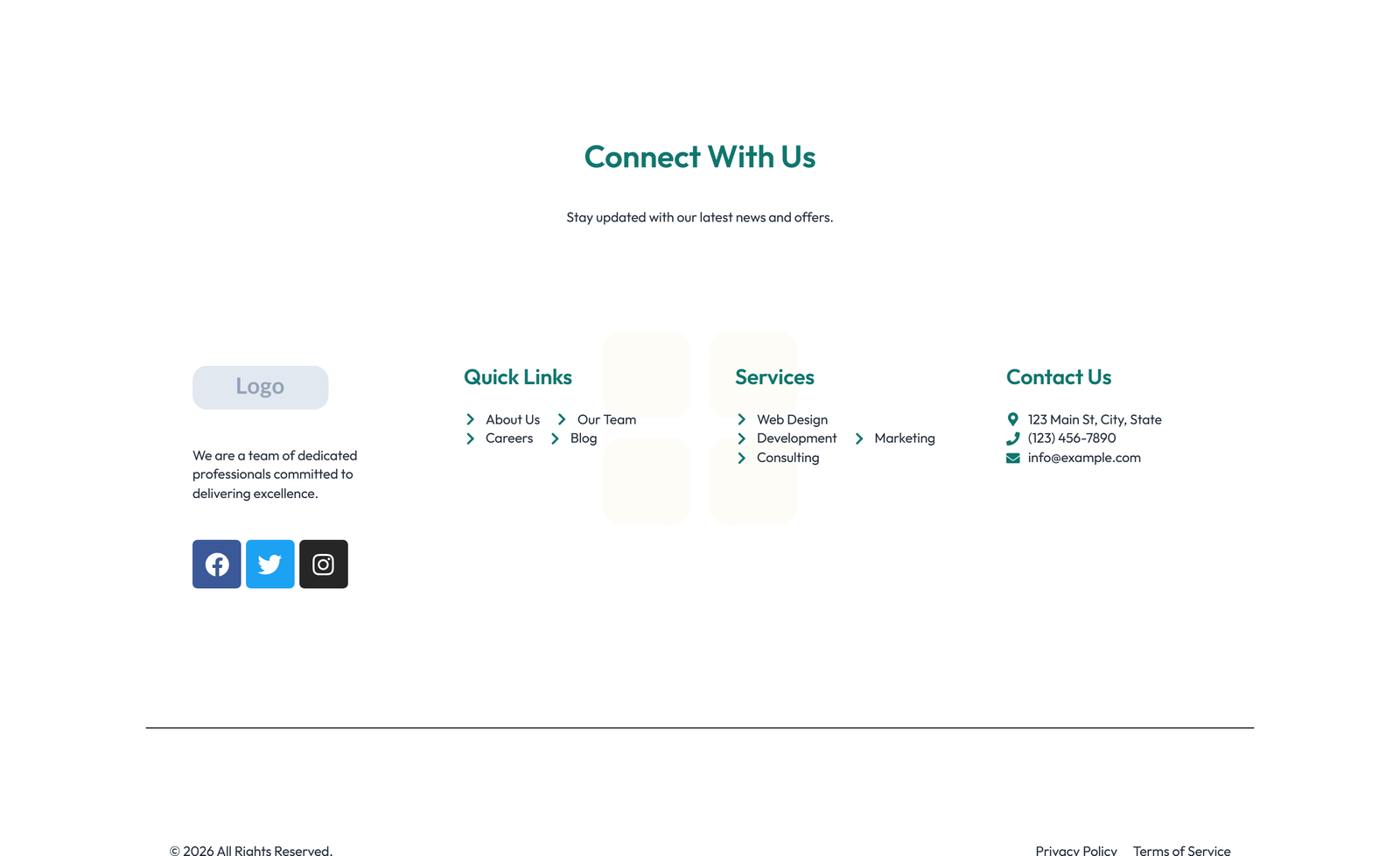Screenshot of Footer with 4-column: Logo, Links, Links, Contact, Social 46 - Elementor Footers component