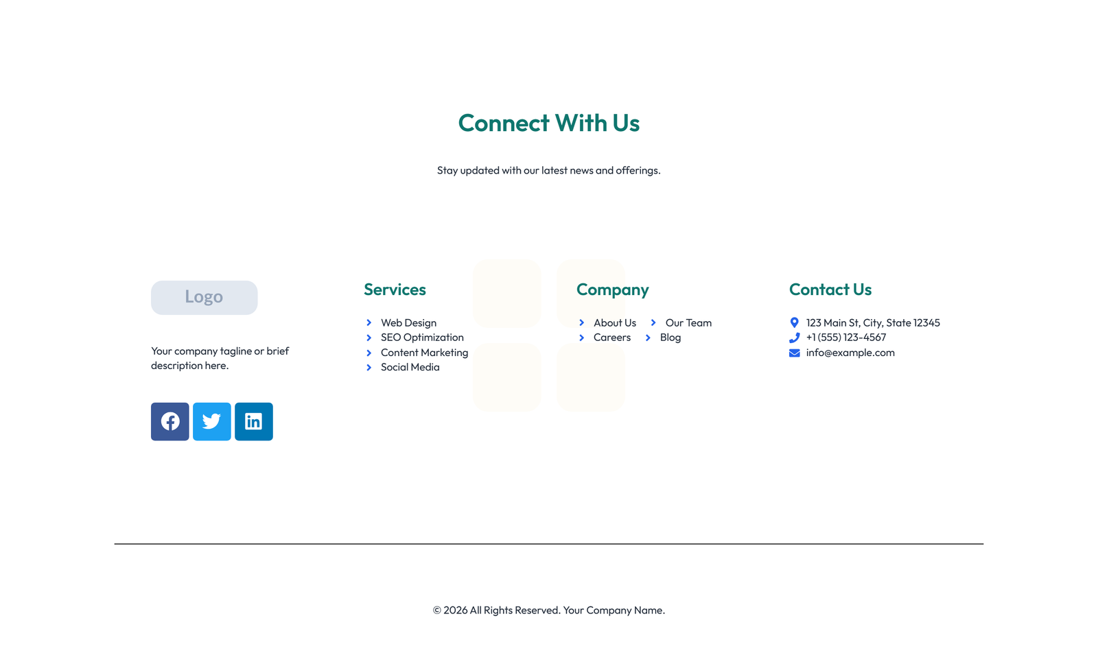 Screenshot of Footer with 3-column: Logo, Links, Contact, Social 46 - Elementor Footers component