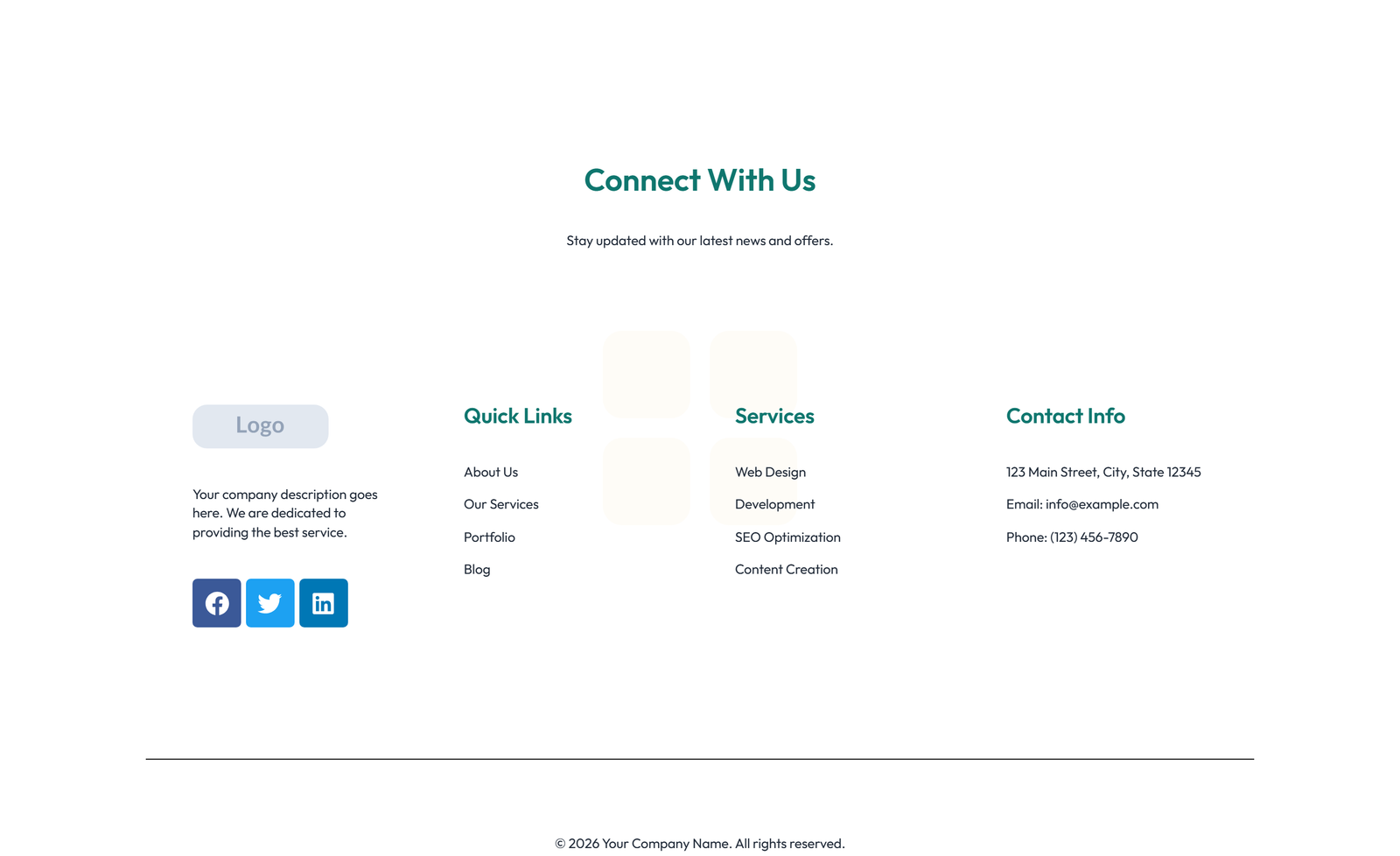 Screenshot of Footer with 4-column: Logo, Links, Links, Contact, Social 50 - Elementor Footers component