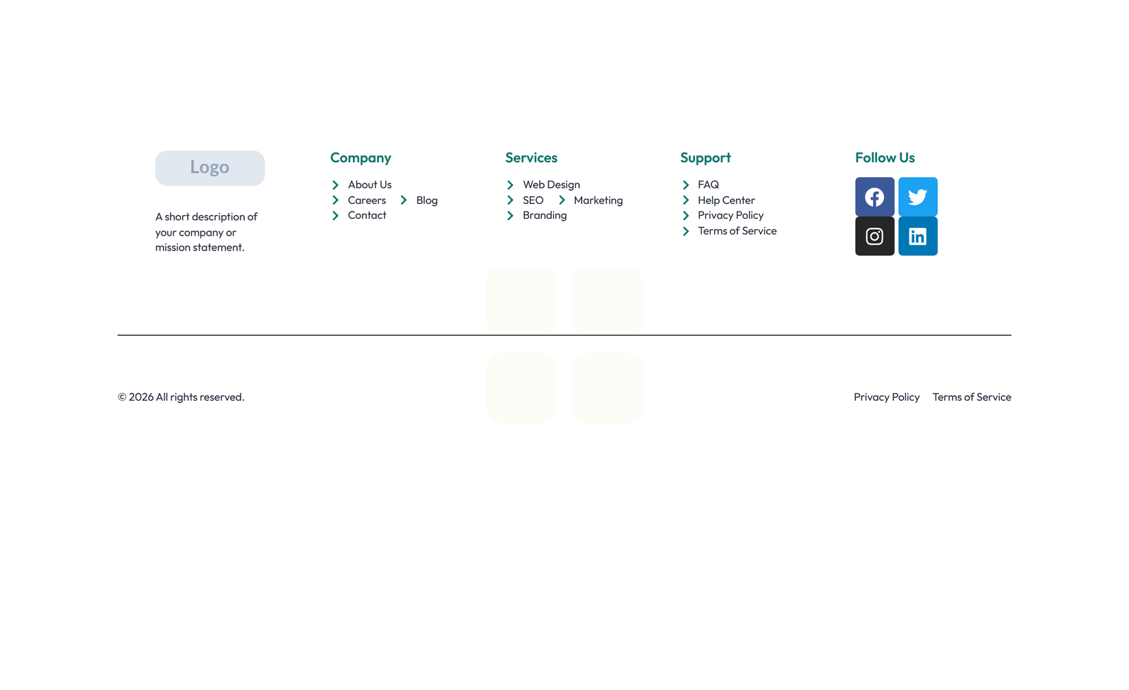 Screenshot of Footer with 4-column: Logo, Links, Links, Contact, Social 51 - Elementor Footers component