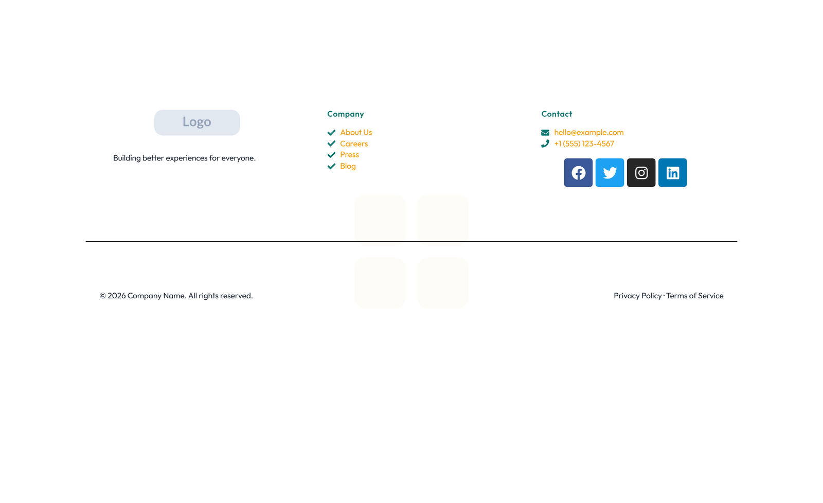 Screenshot of Footer with 3-column: Logo, Links, Contact, Social 84 - Elementor Footers component