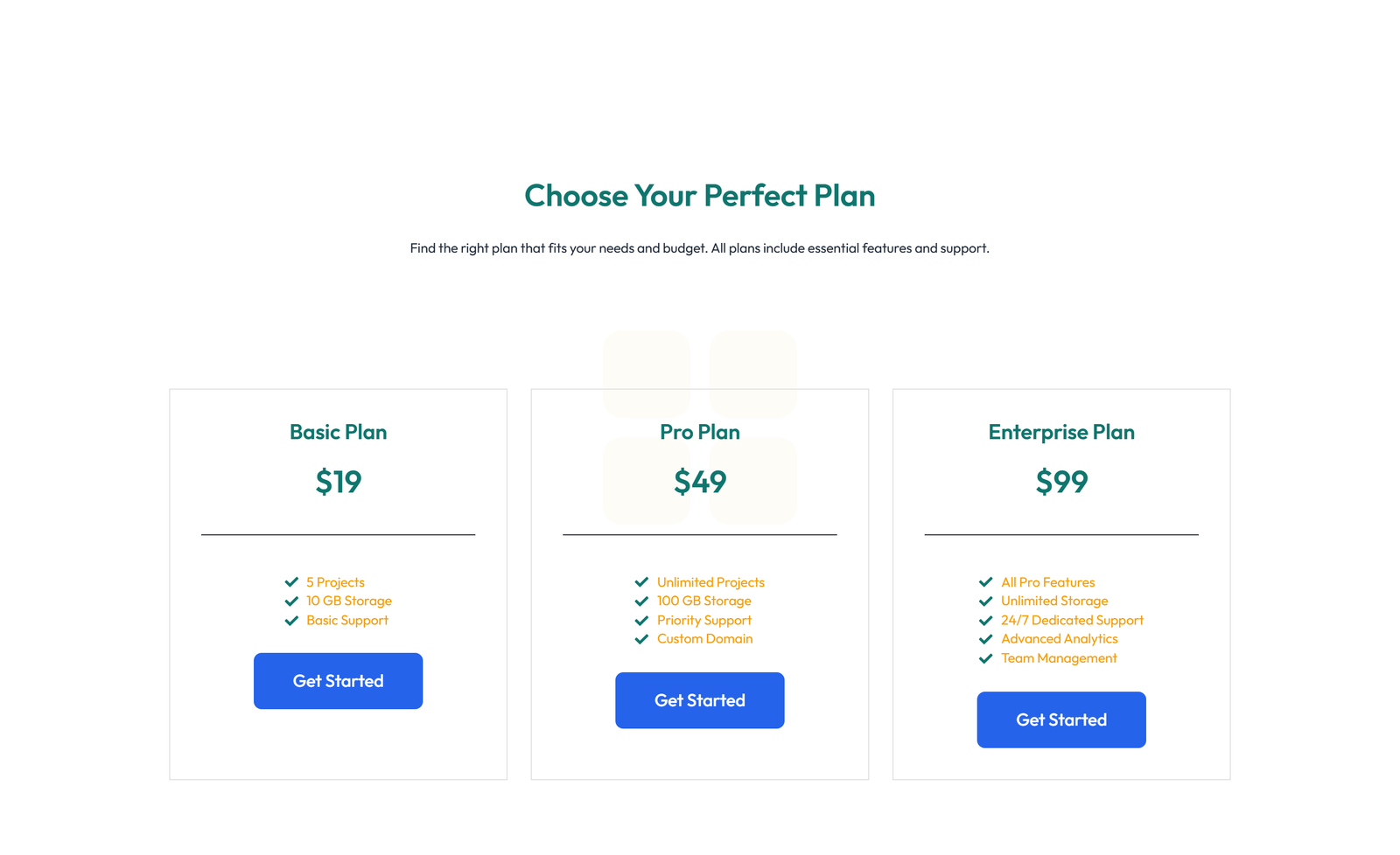 Screenshot of Pricing with 3-column Price Table Comparison - Elementor Pricing Sections component