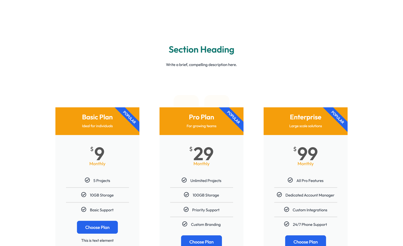 Pricing with 3-column Price Table with Ribbon - Elementor component