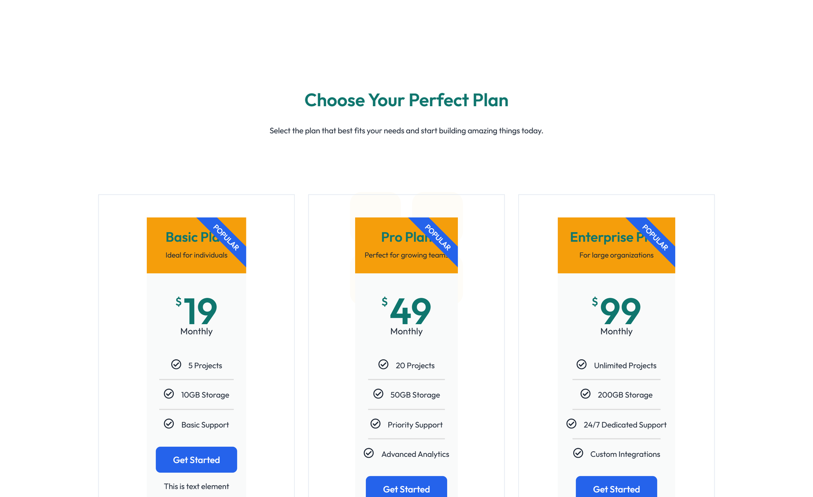 Pricing with 3-column Price Table Comparison 3 - Elementor component