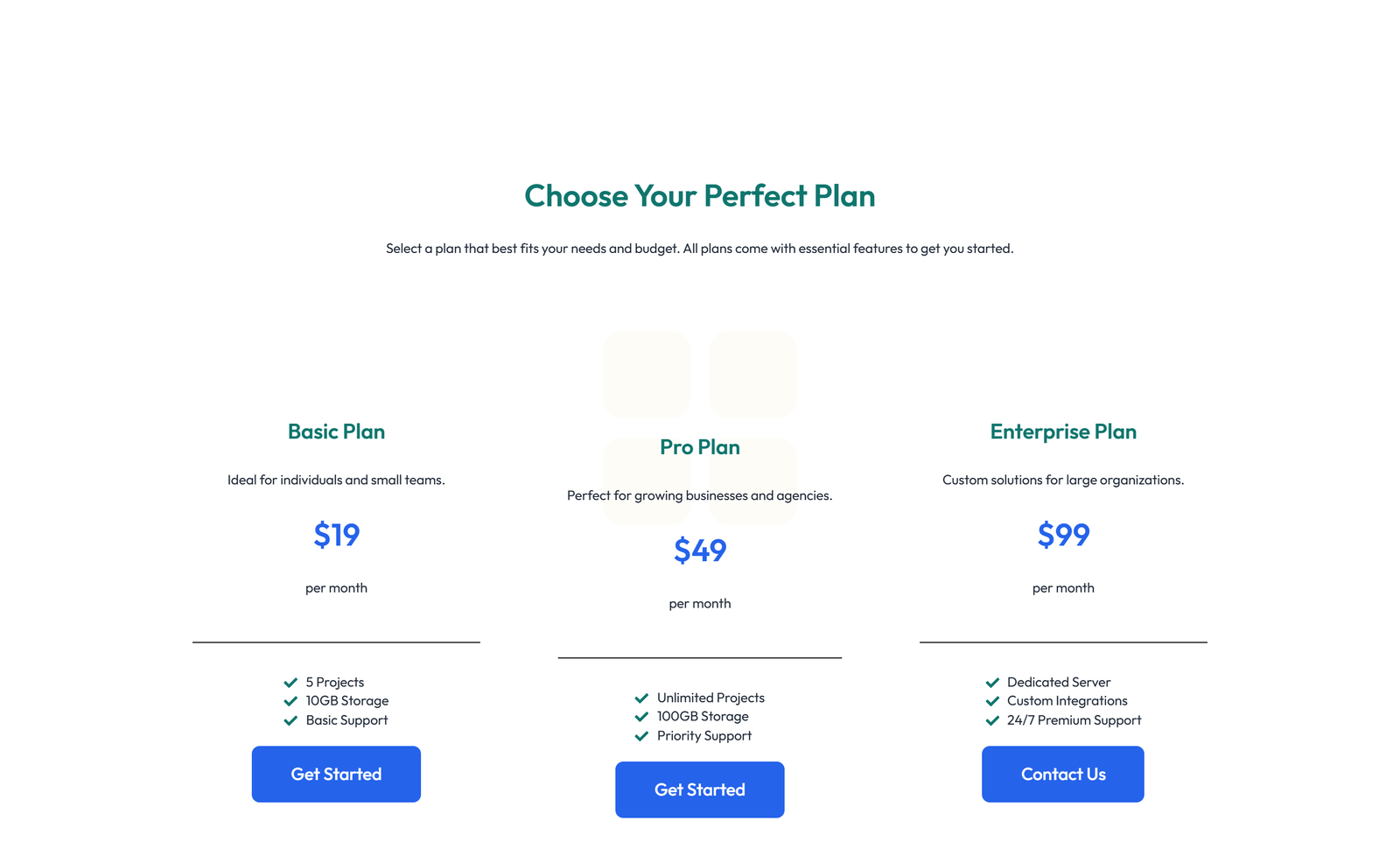 Pricing with 3-column Price Table with Ribbon 7 - Elementor component