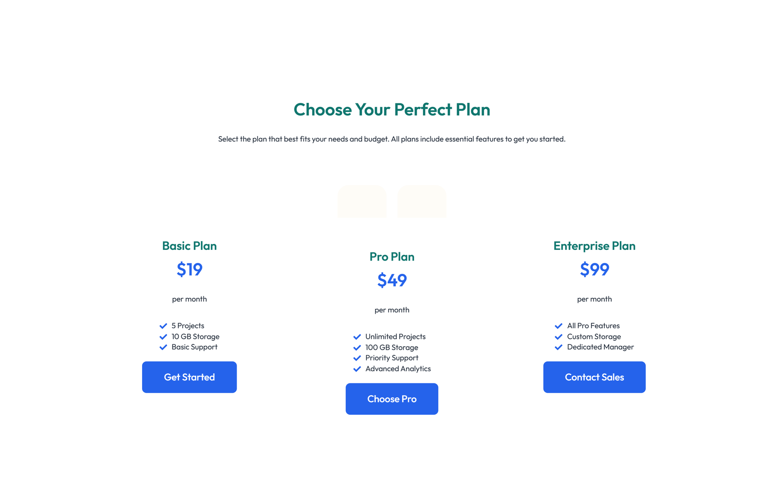 Screenshot of Pricing with 3-column Price Table Comparison 10 - Elementor Pricing Sections component