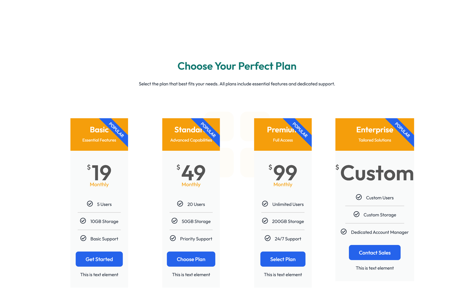 Pricing with 3-column Price Table with Ribbon 14 - Elementor component