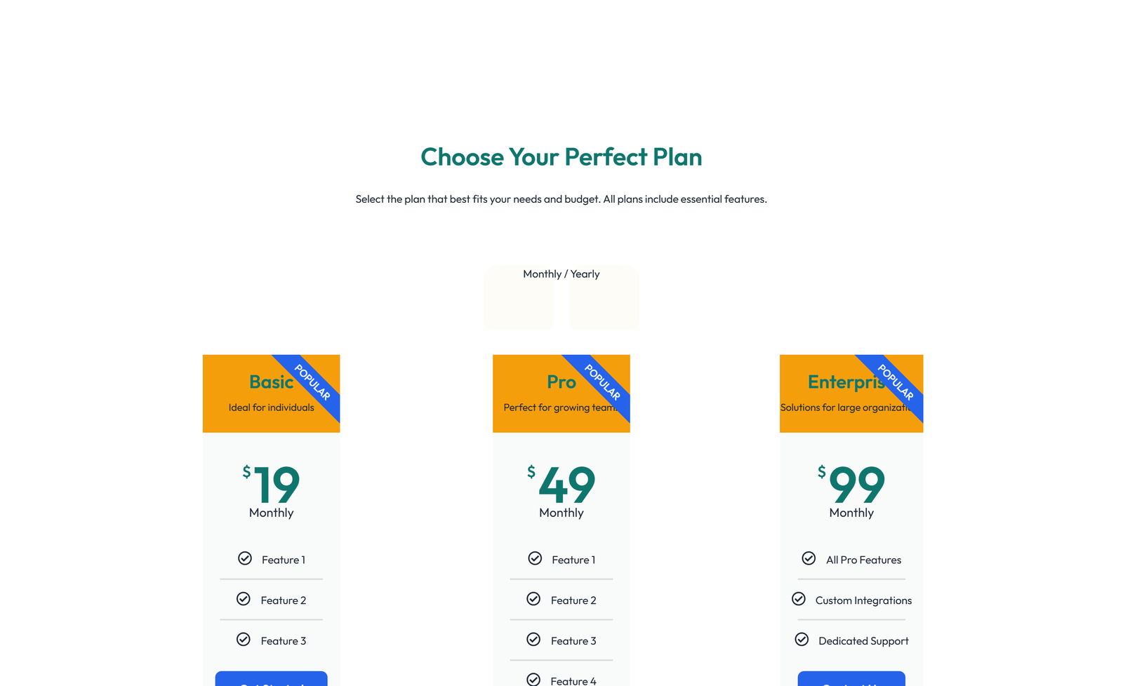 Pricing with 3-column Price Table Comparison 18 - Elementor component