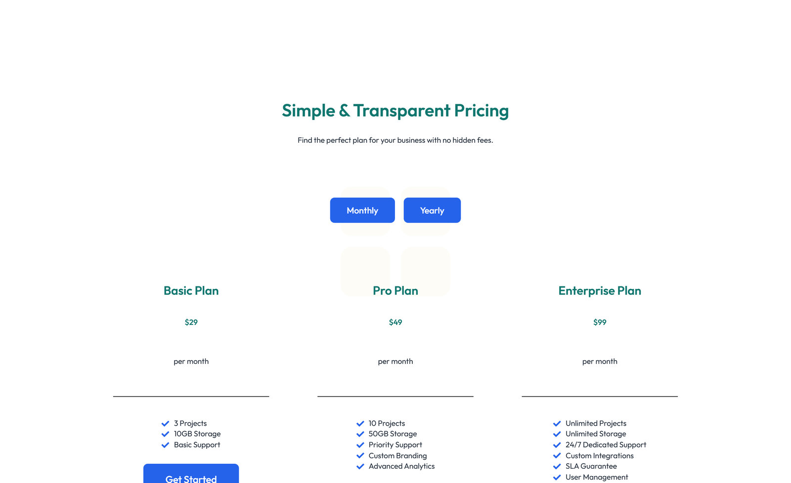 Screenshot of Pricing with 3-column Price Table with Ribbon 18 - Elementor Pricing Sections component