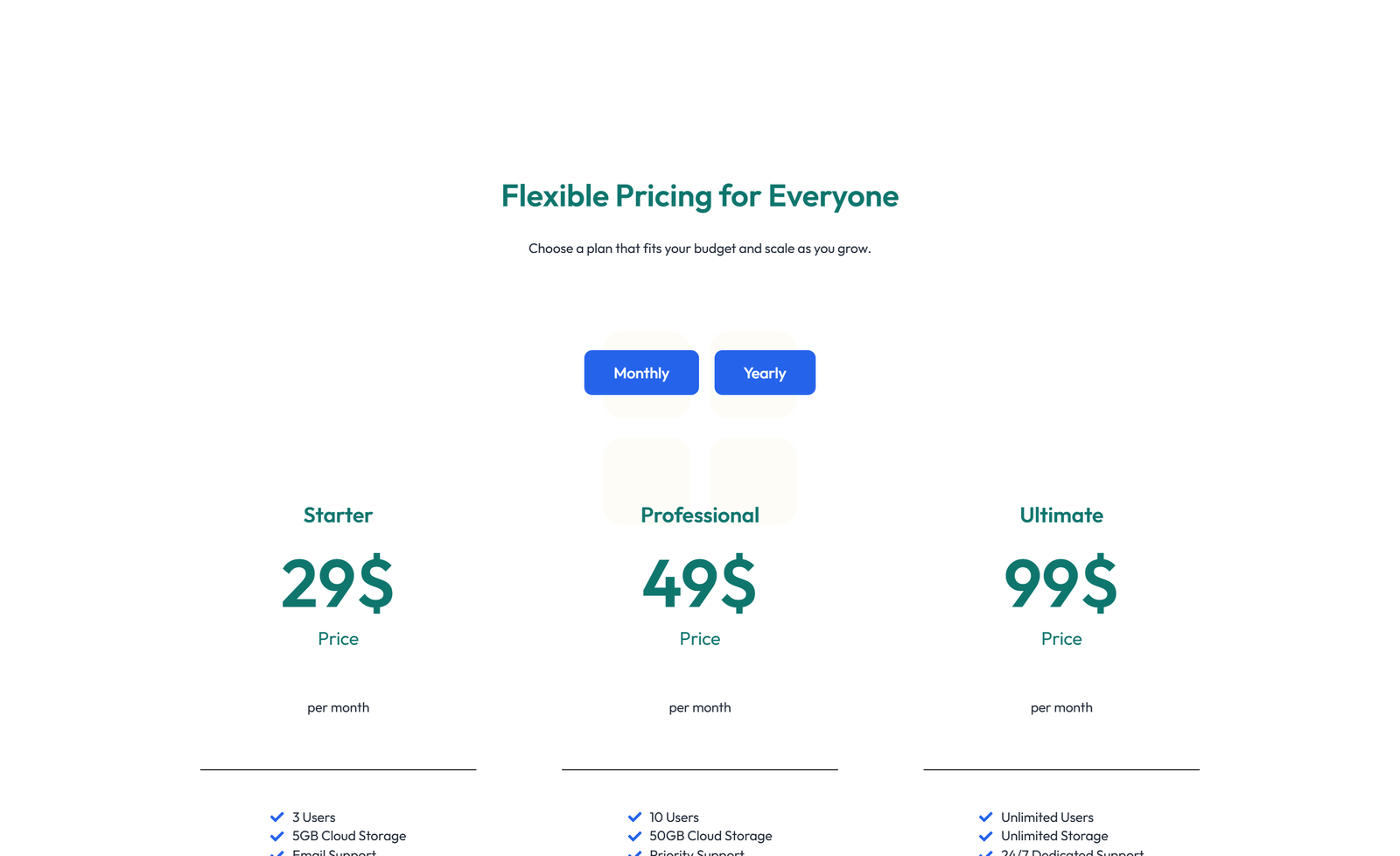 Screenshot of Pricing with 3-column Price Table Comparison 19 - Elementor Pricing Sections component