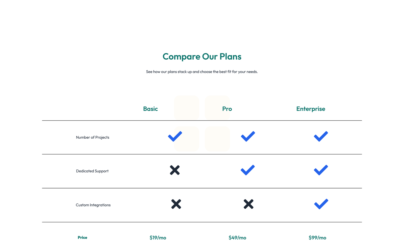 Screenshot of Pricing with 3-column Price Table Comparison 21 - Elementor Pricing Sections component