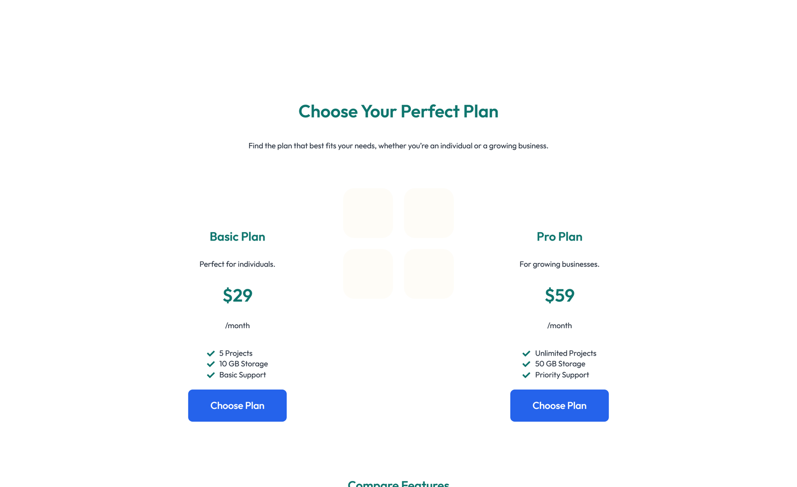 Screenshot of Pricing with 2-column Price Table Comparison 30 - Elementor Pricing Sections component