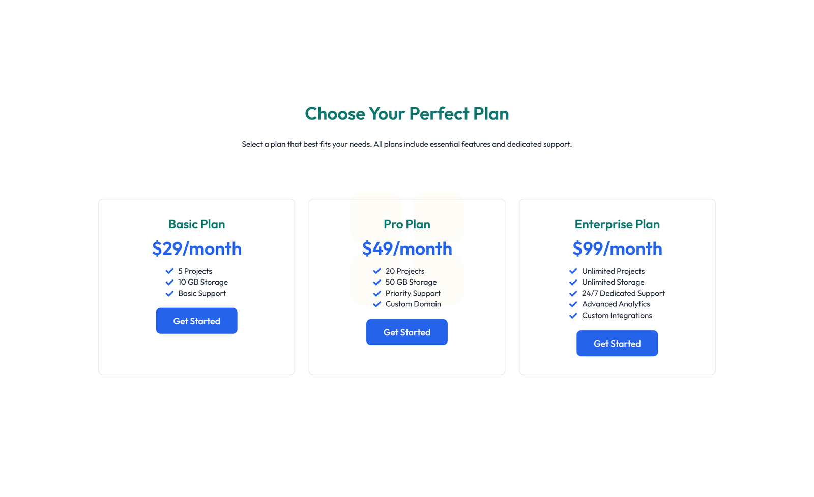 Screenshot of Pricing with 3-column Price Table Comparison 32 - Elementor Pricing Sections component