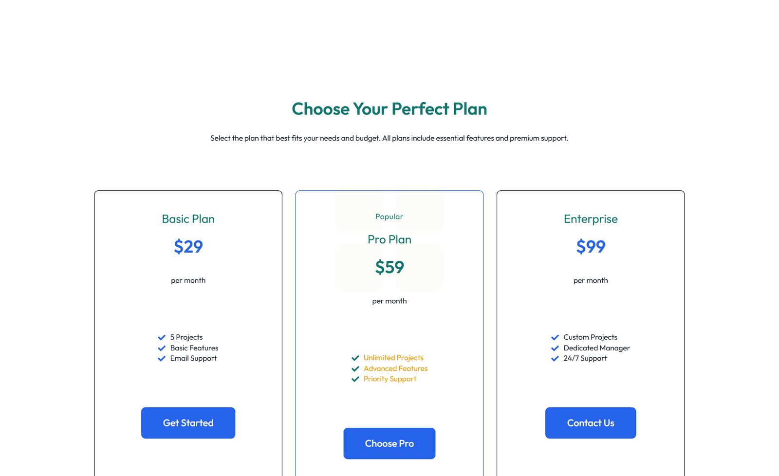 Pricing with 2-column Price Table Comparison 35 - Elementor component