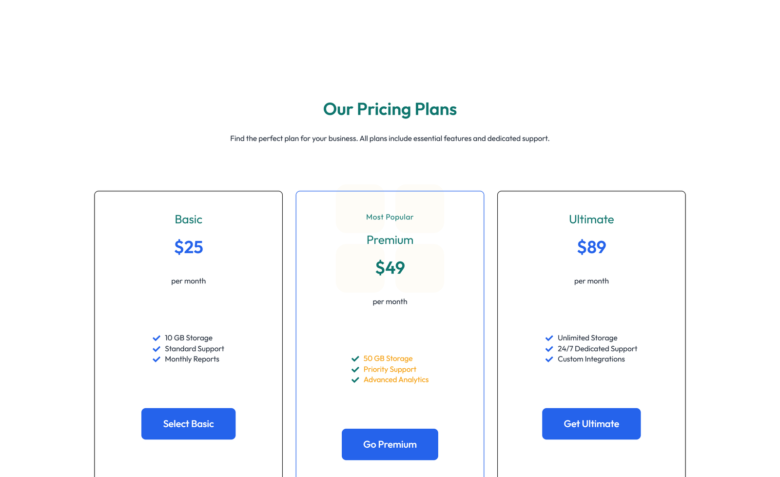 Pricing with 3-column Price Table Comparison 36 - Elementor component