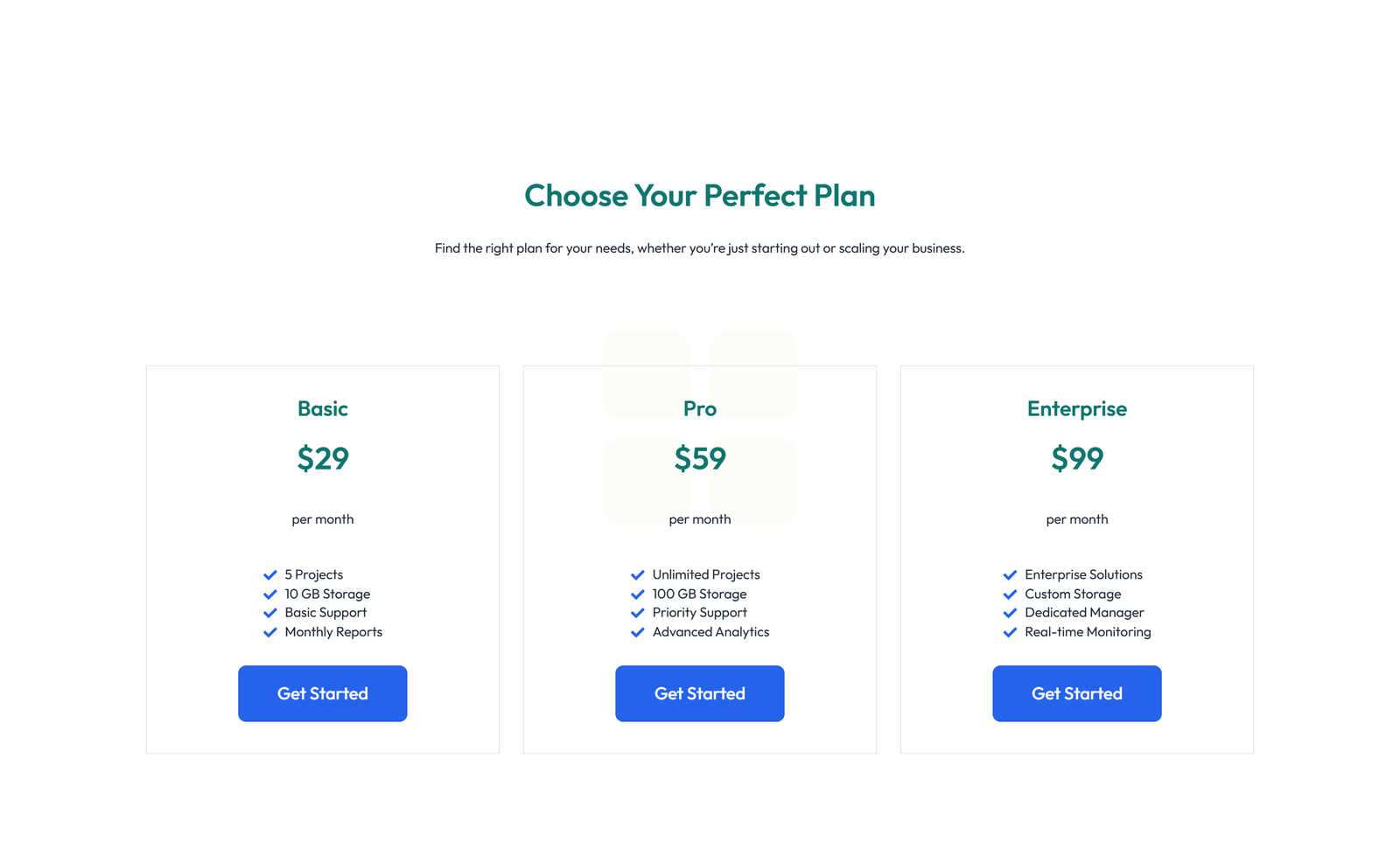 Screenshot of Pricing with 3-column Price Table Comparison 40 - Elementor Pricing Sections component