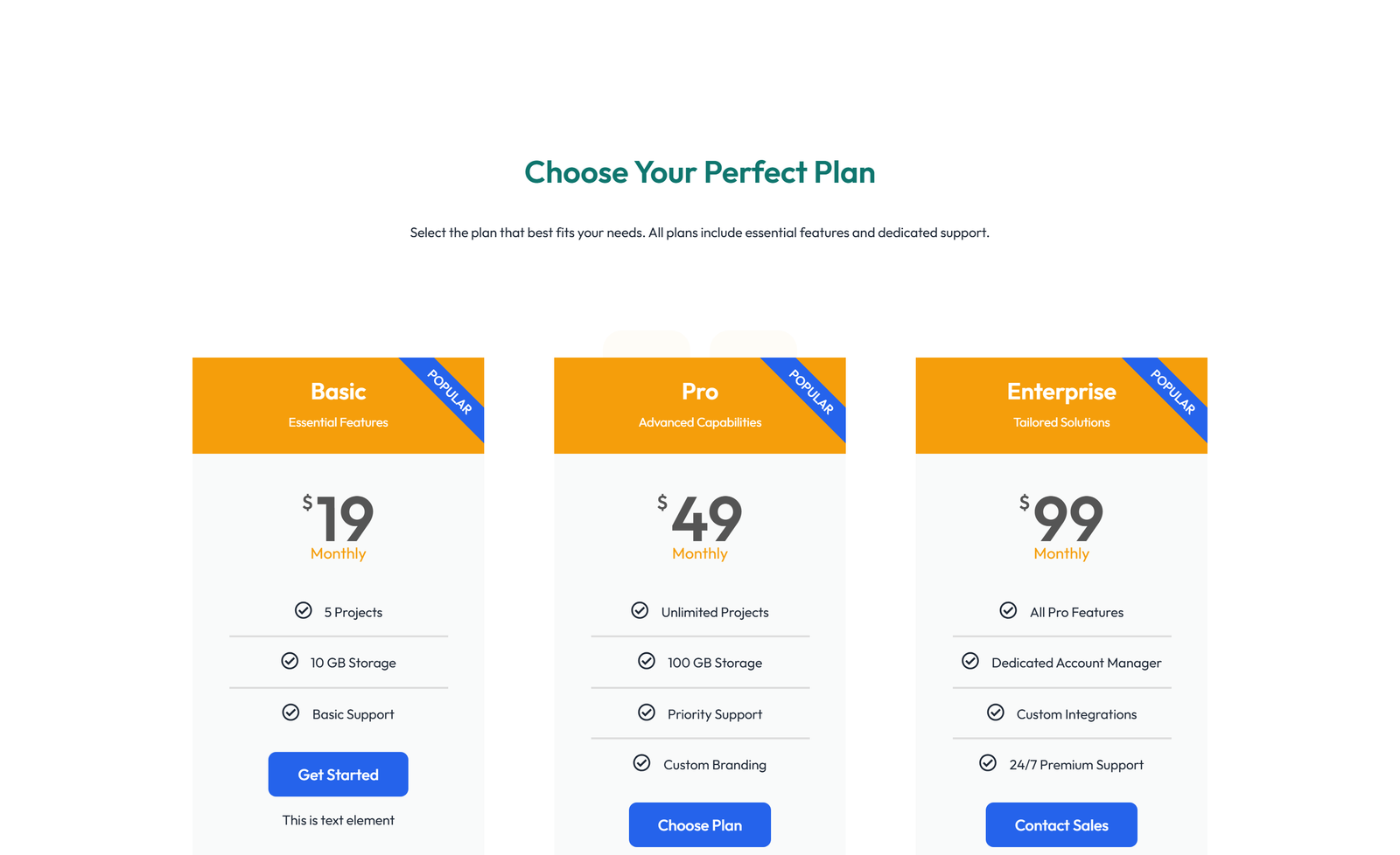Pricing with 3-column Price Table with Ribbon 49 - Elementor component