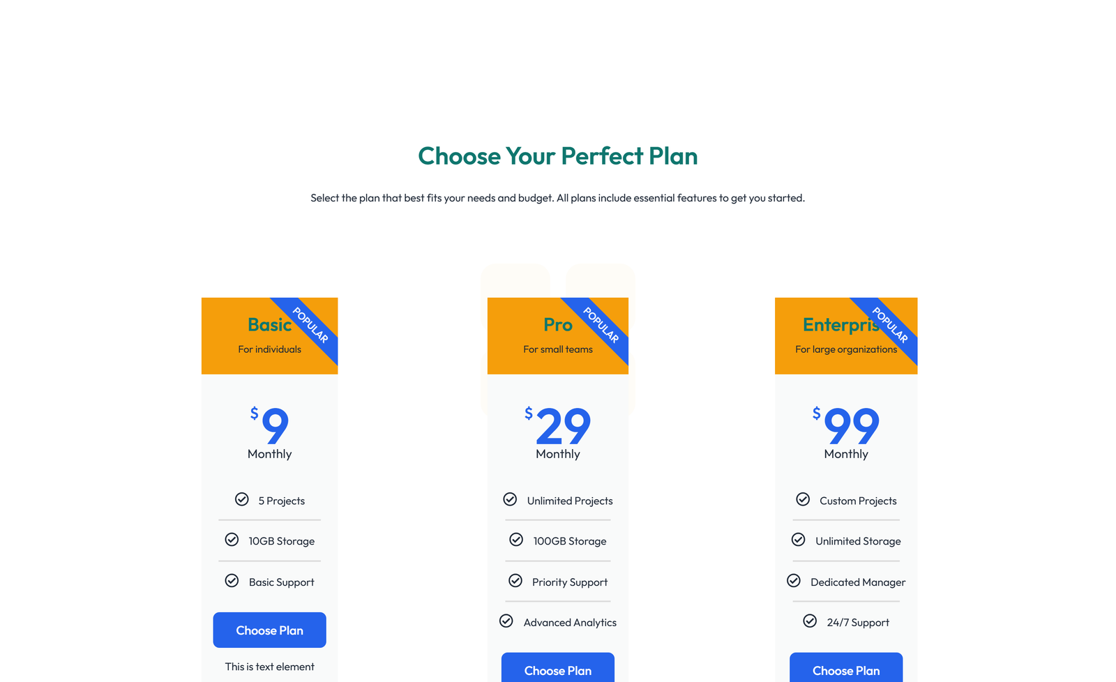 Pricing with 3-column Price Table Comparison 55 - Elementor component