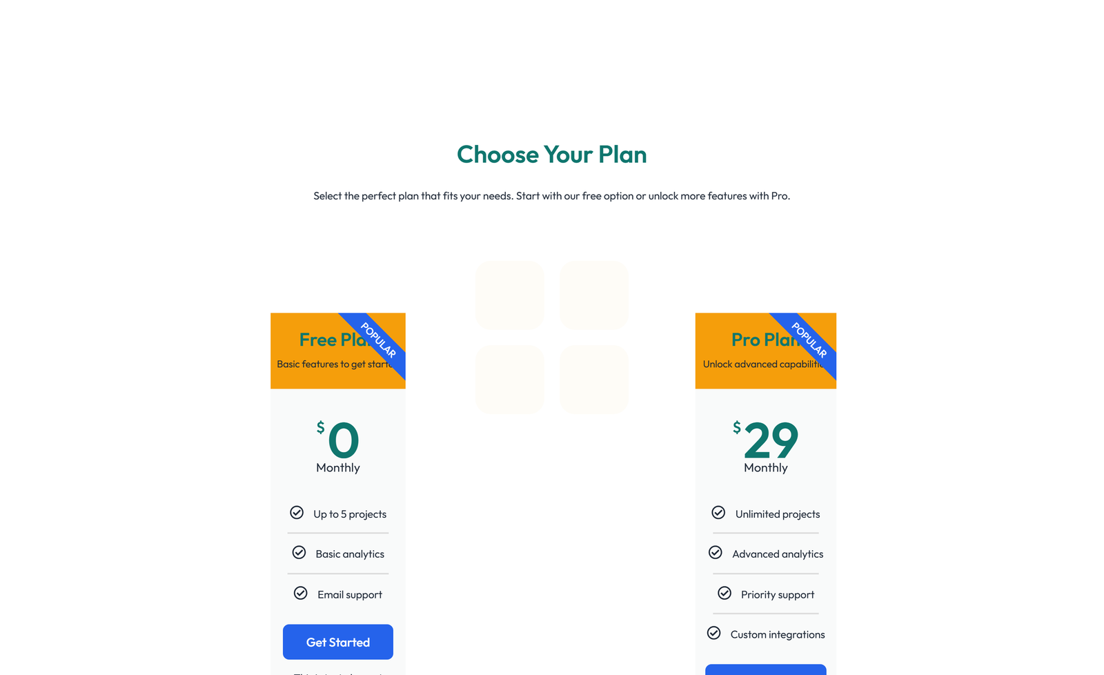 Pricing with 2-column Price Table Comparison 58 - Elementor component