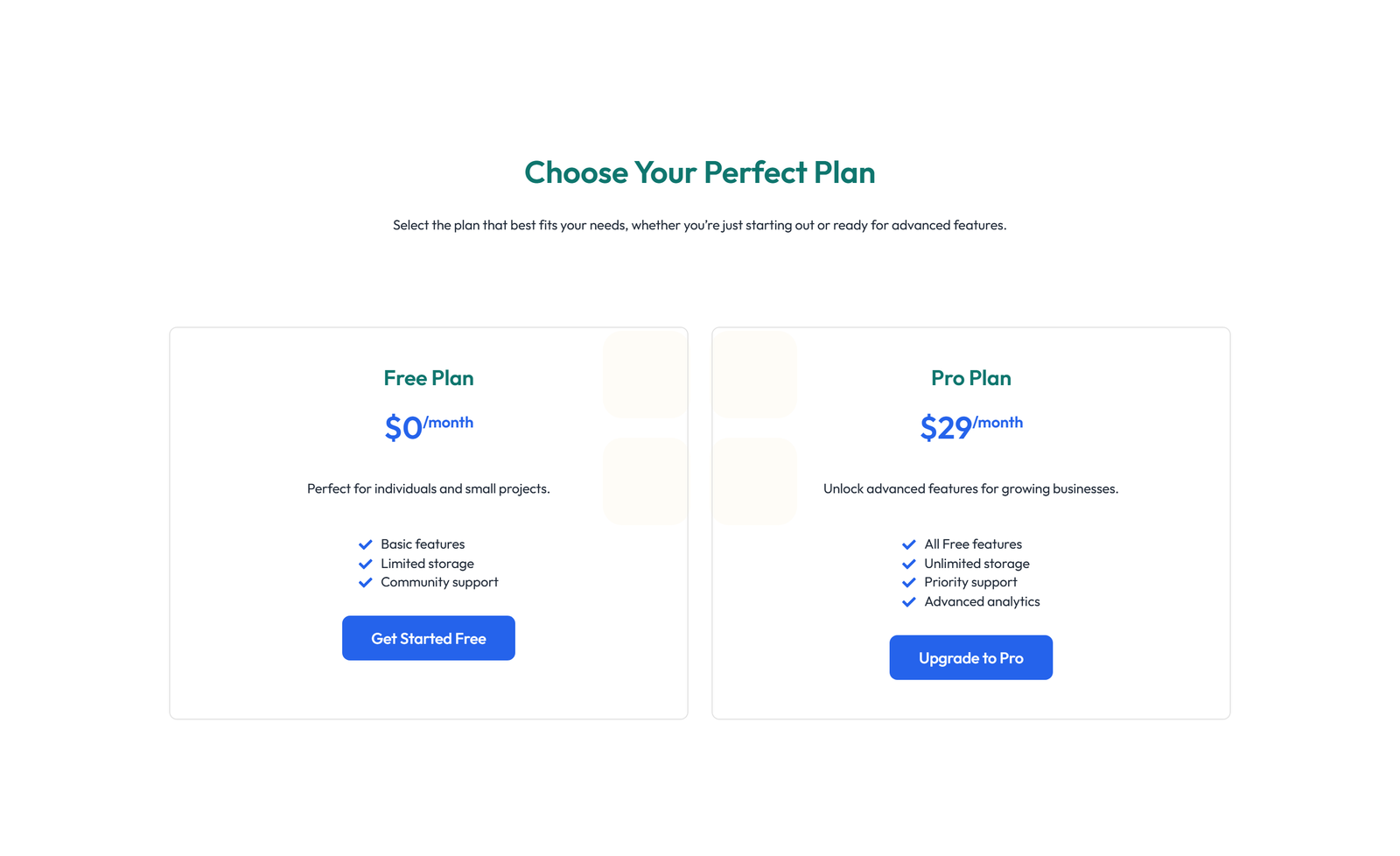 Screenshot of Pricing with 2-column Price Table Comparison 59 - Elementor Pricing Sections component