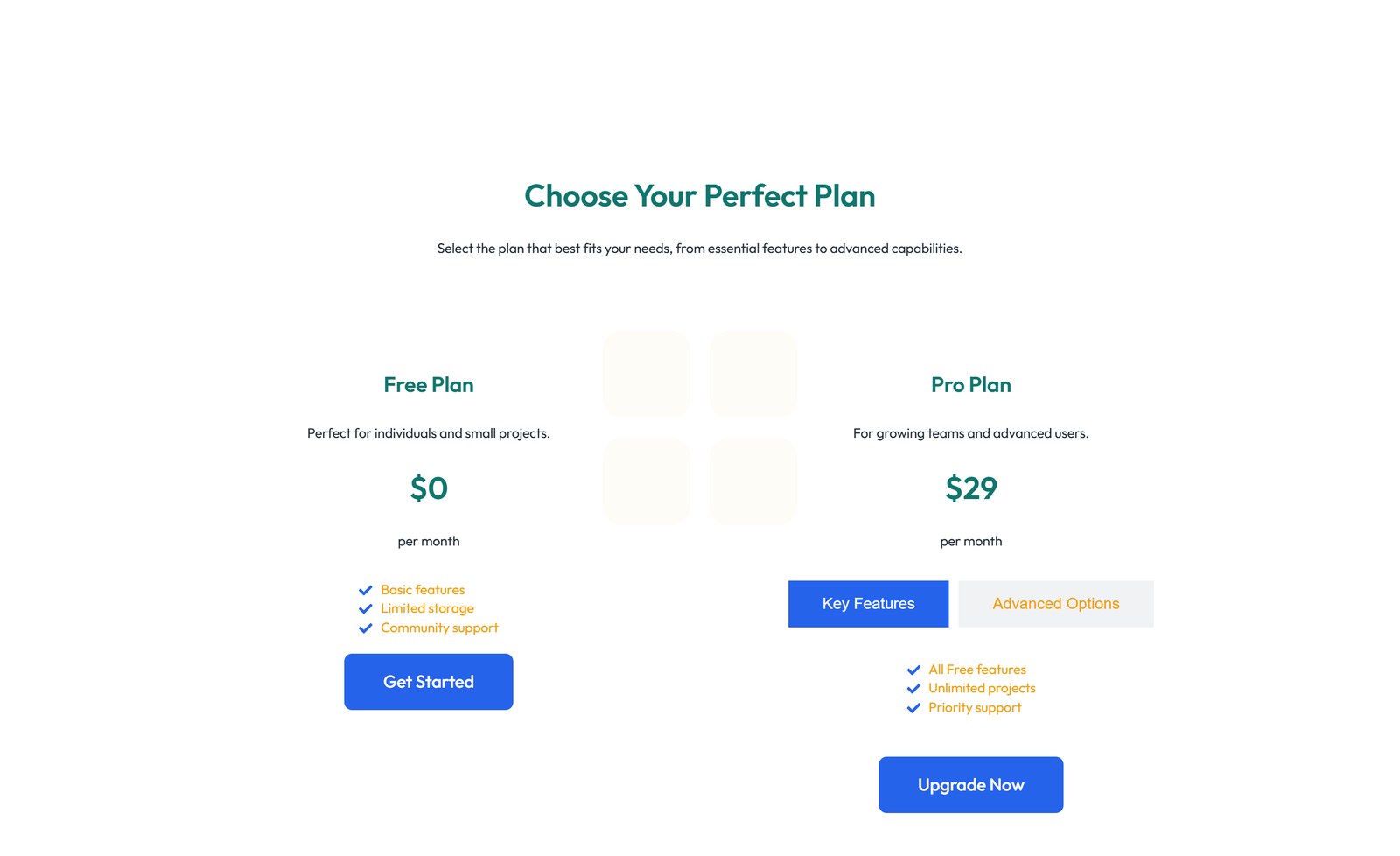 Screenshot of Pricing with 3-column Price Table Comparison 60 - Elementor Pricing Sections component