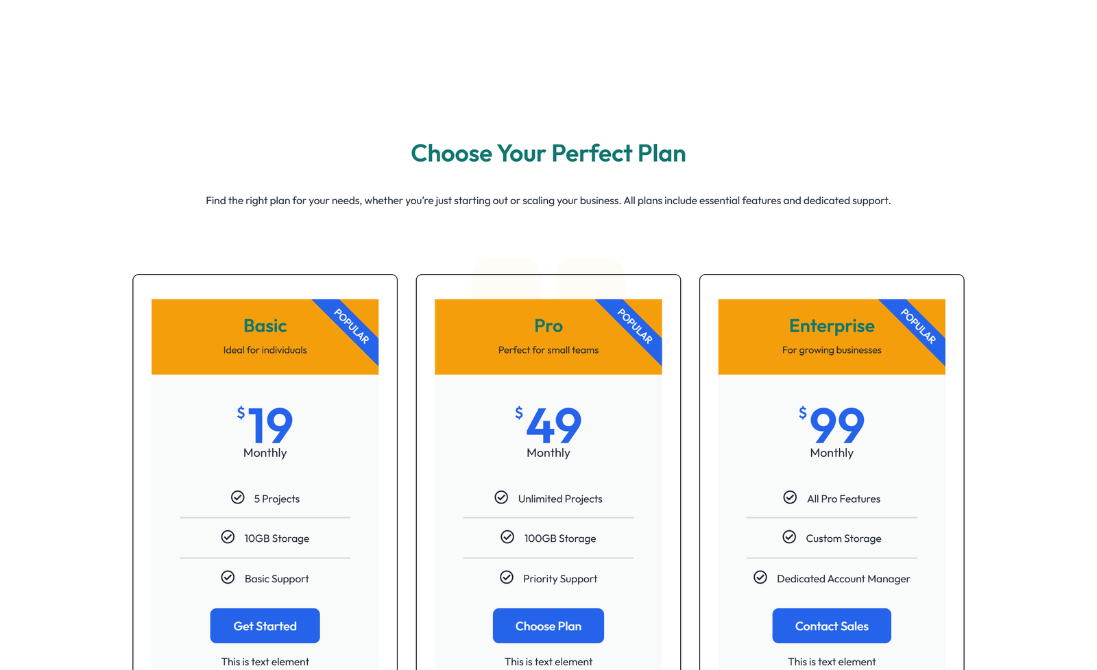 Pricing with 3-column Price Table Comparison 63 - Elementor component