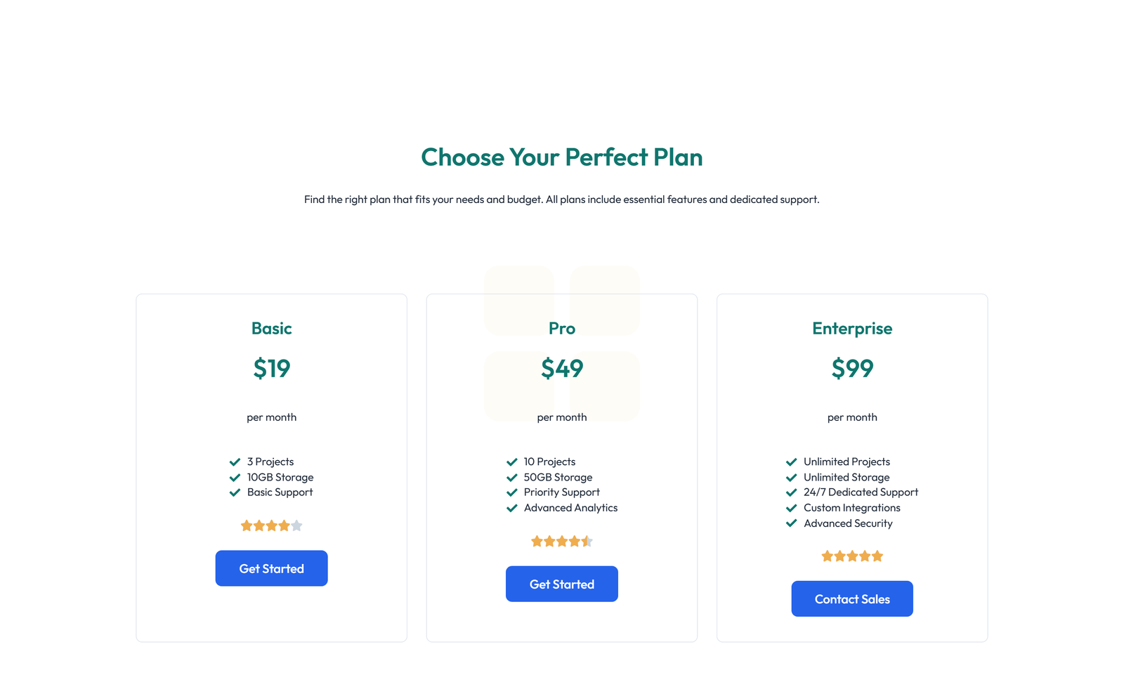 Screenshot of Pricing with 3-column Price Table with Ribbon 63 - Elementor Pricing Sections component