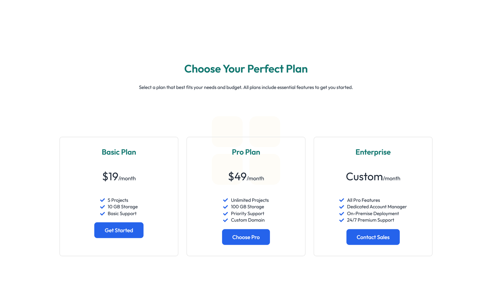 Screenshot of Pricing with 3-column Price Table Comparison 76 - Elementor Pricing Sections component