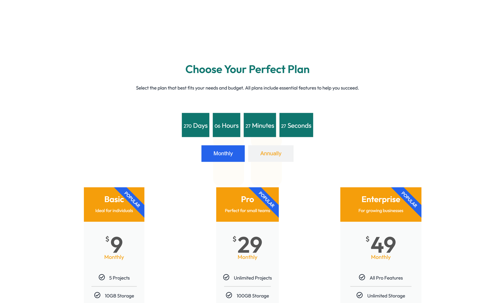 Pricing with 3-column Price Table with Ribbon 79 - Elementor component