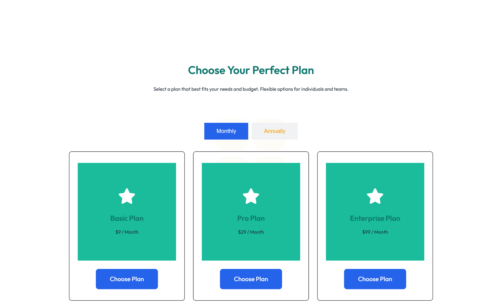 Pricing with 3-column Price Table with Ribbon 80 - Elementor component
