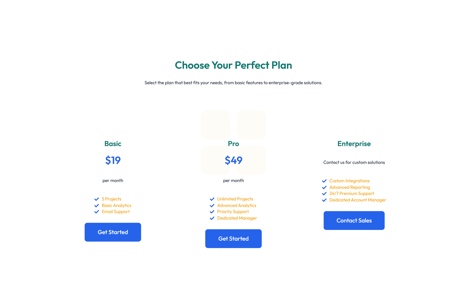 Screenshot of Pricing with 3-column Price Table Comparison 92 - Elementor Pricing Sections component