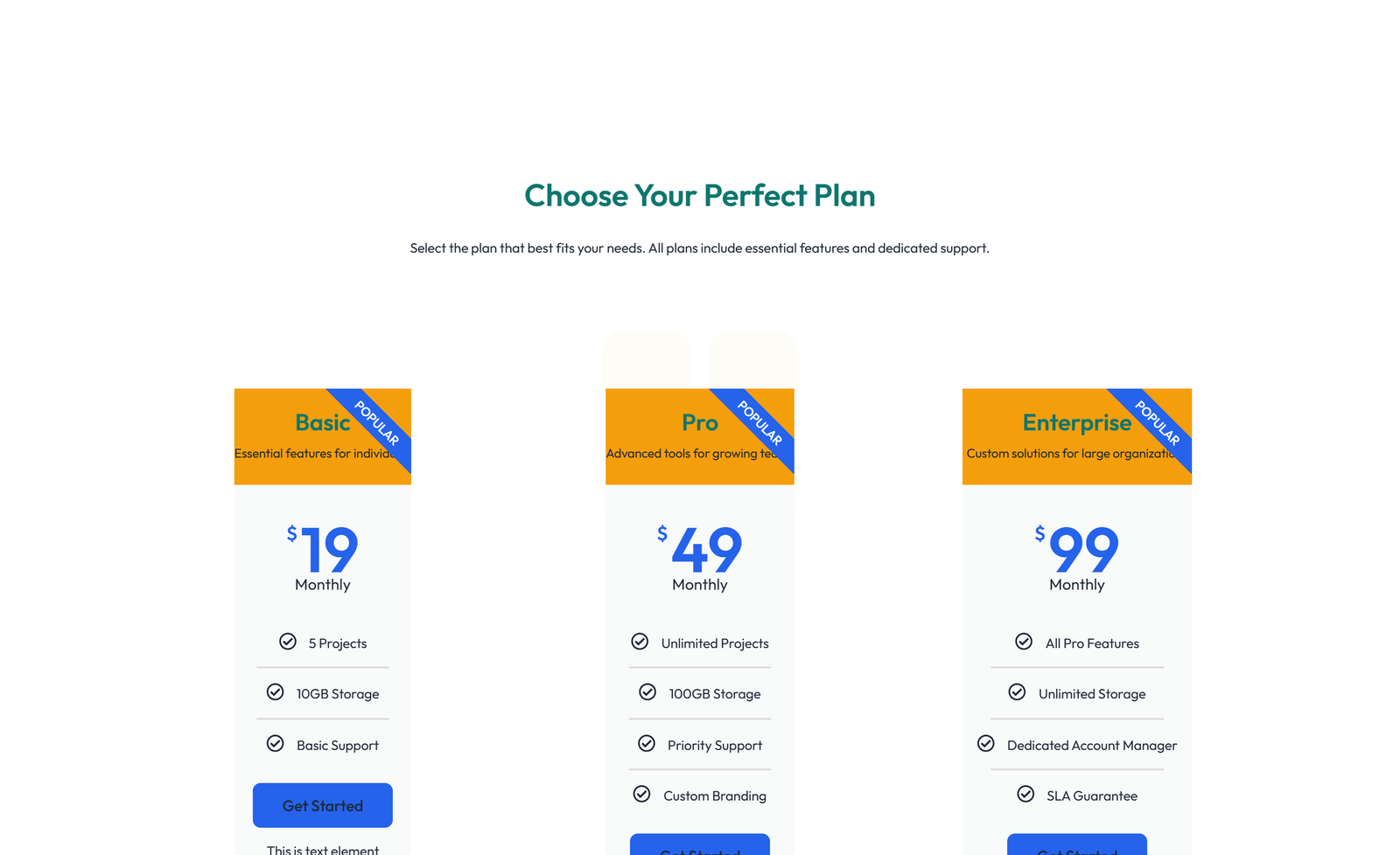 Pricing with 3-column Price Table with Ribbon 94 - Elementor component
