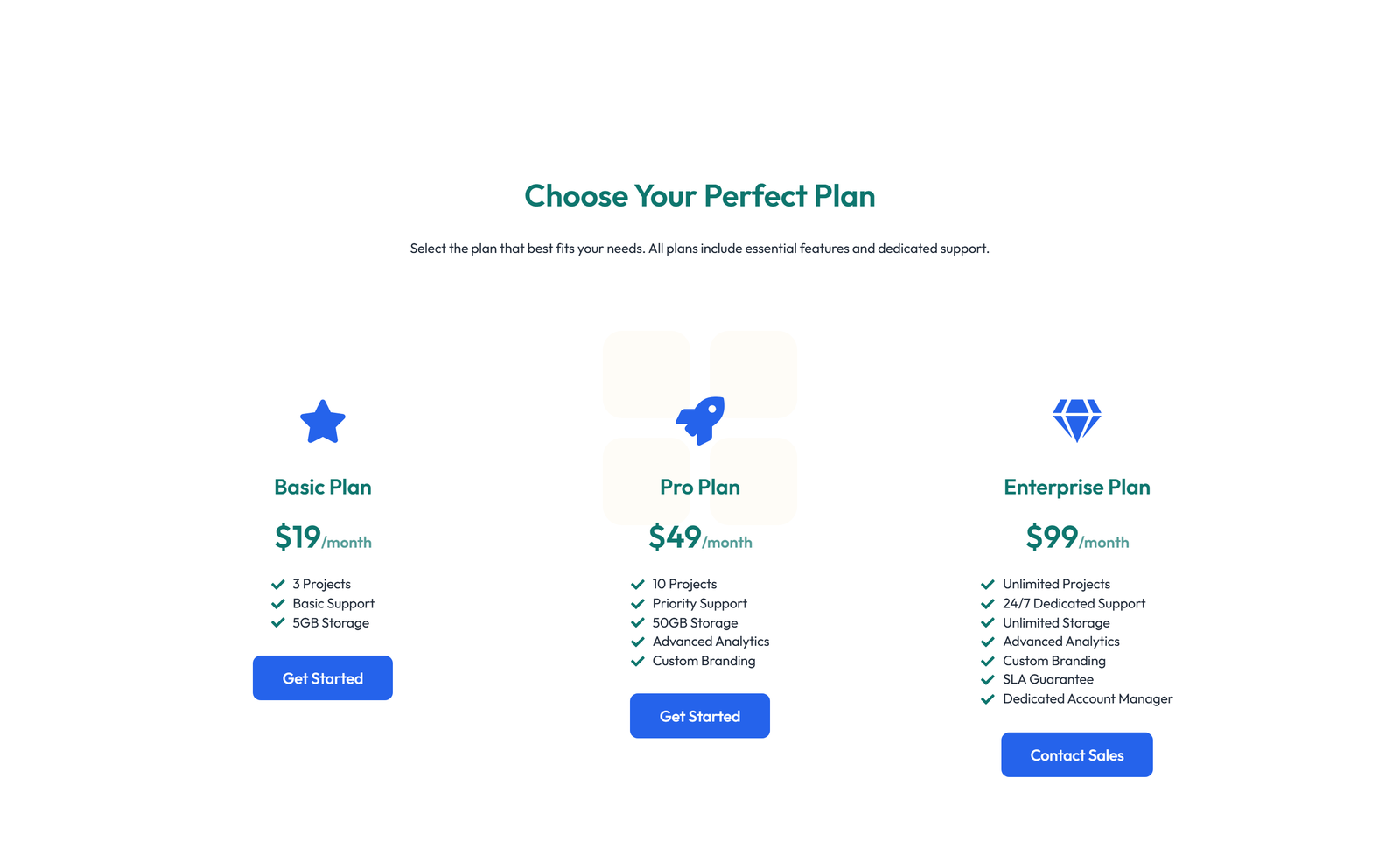Pricing with 2-column Price Table Comparison 99 - Elementor component